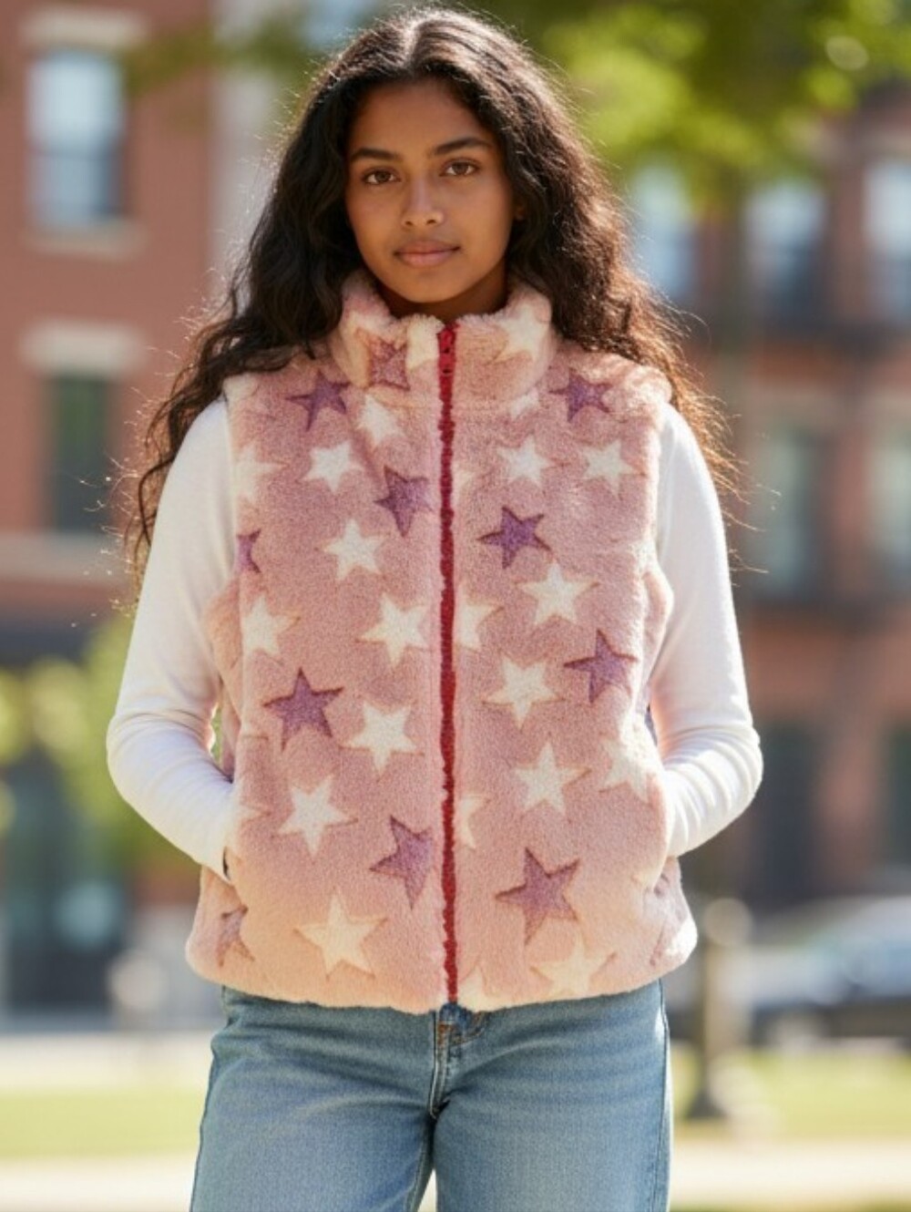 Epic threads reversible pink star faux fur vest. Kids
